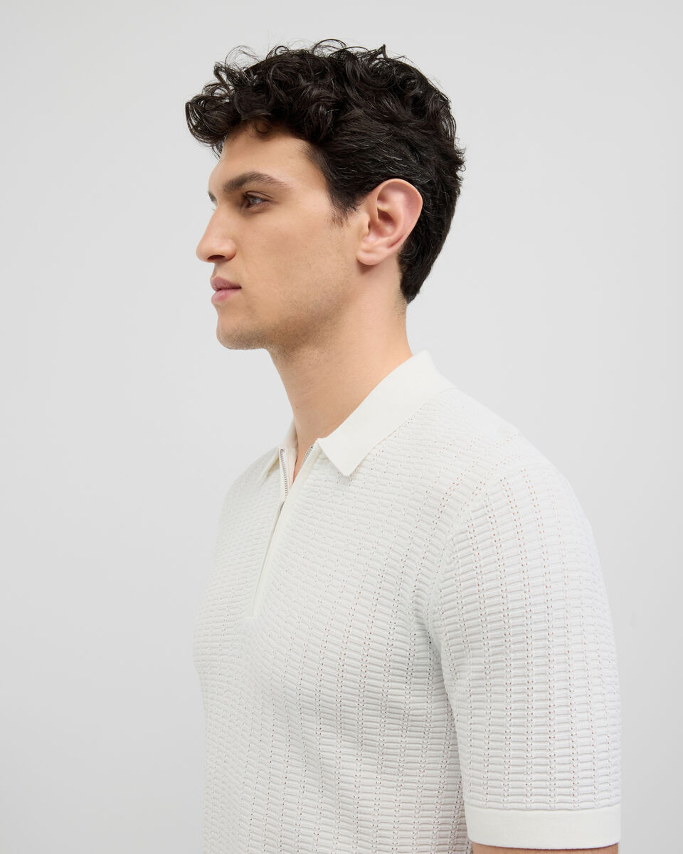 Textured Zip-up Knit Polo, White, hi-res